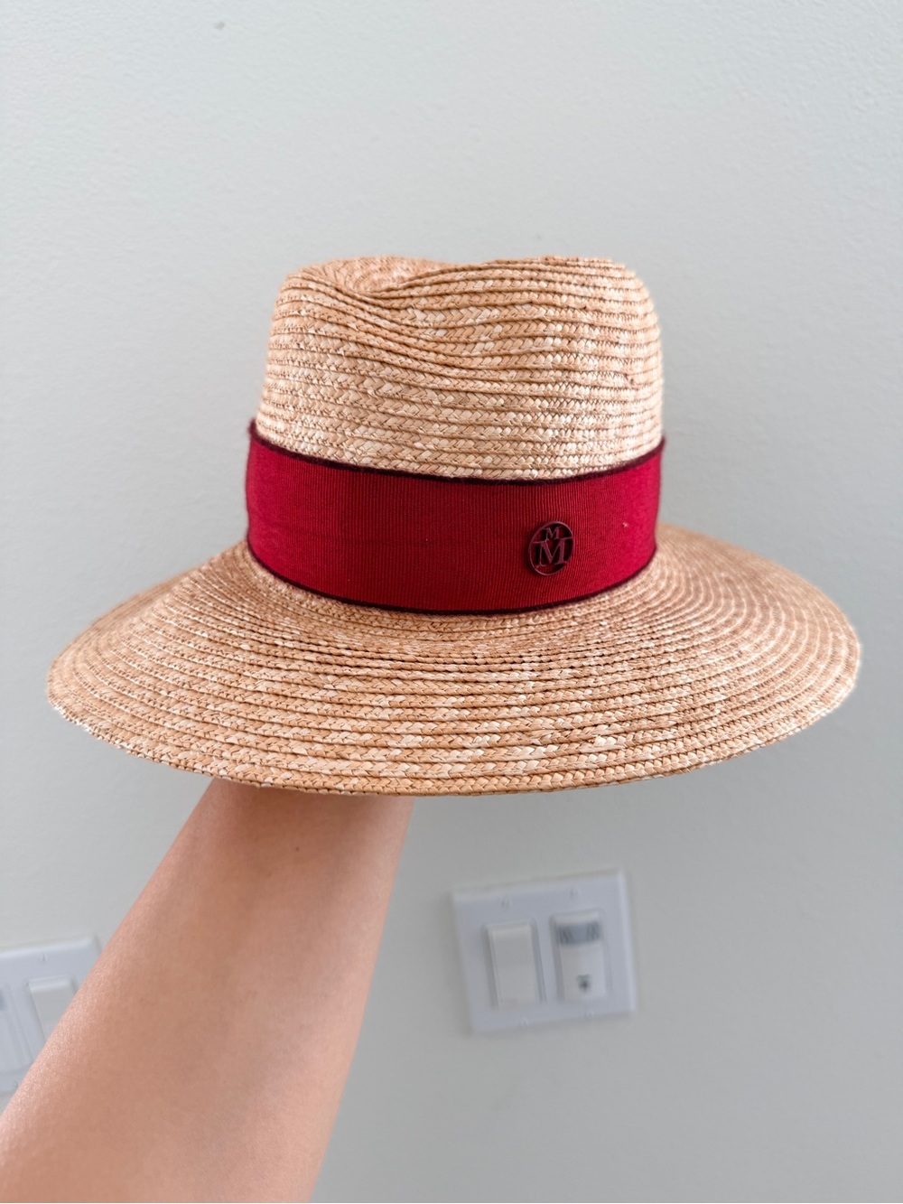 Woven Straw Hat with Deep Red Band